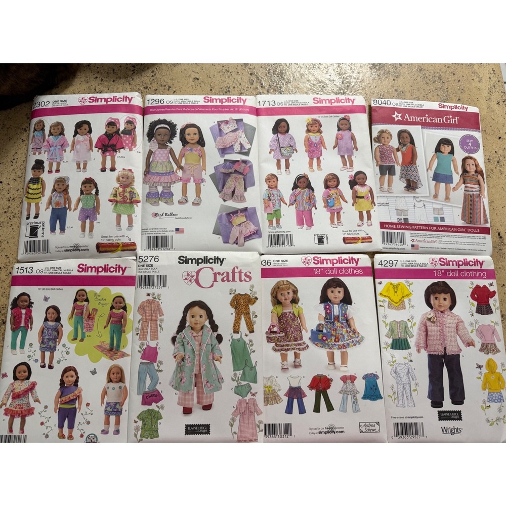 Simplicity Sewing Patterns‎ 18" Doll Clothes Lot 8pc American Girl OS Multi EXCL